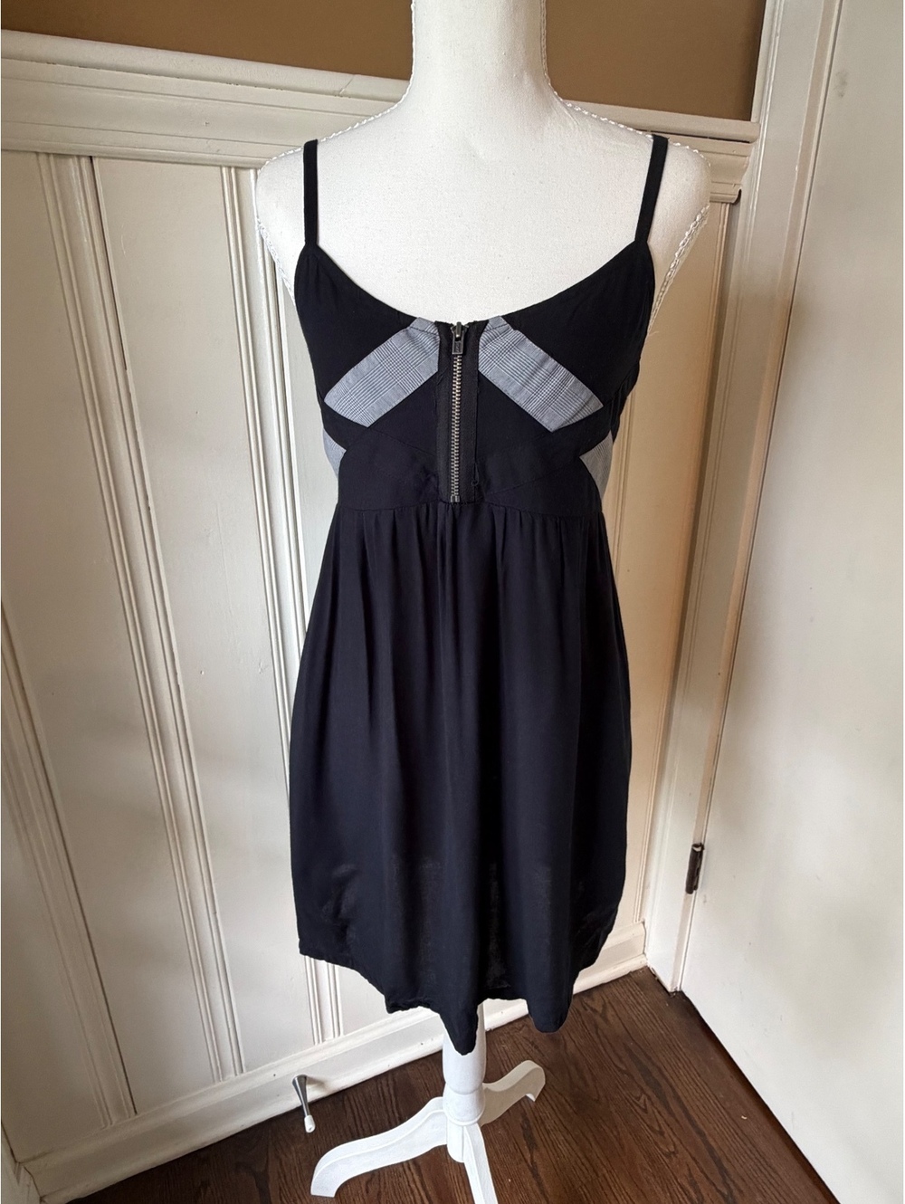 Roxy XS Black Plaid Zip Front Babydoll Dress Y2K 2010